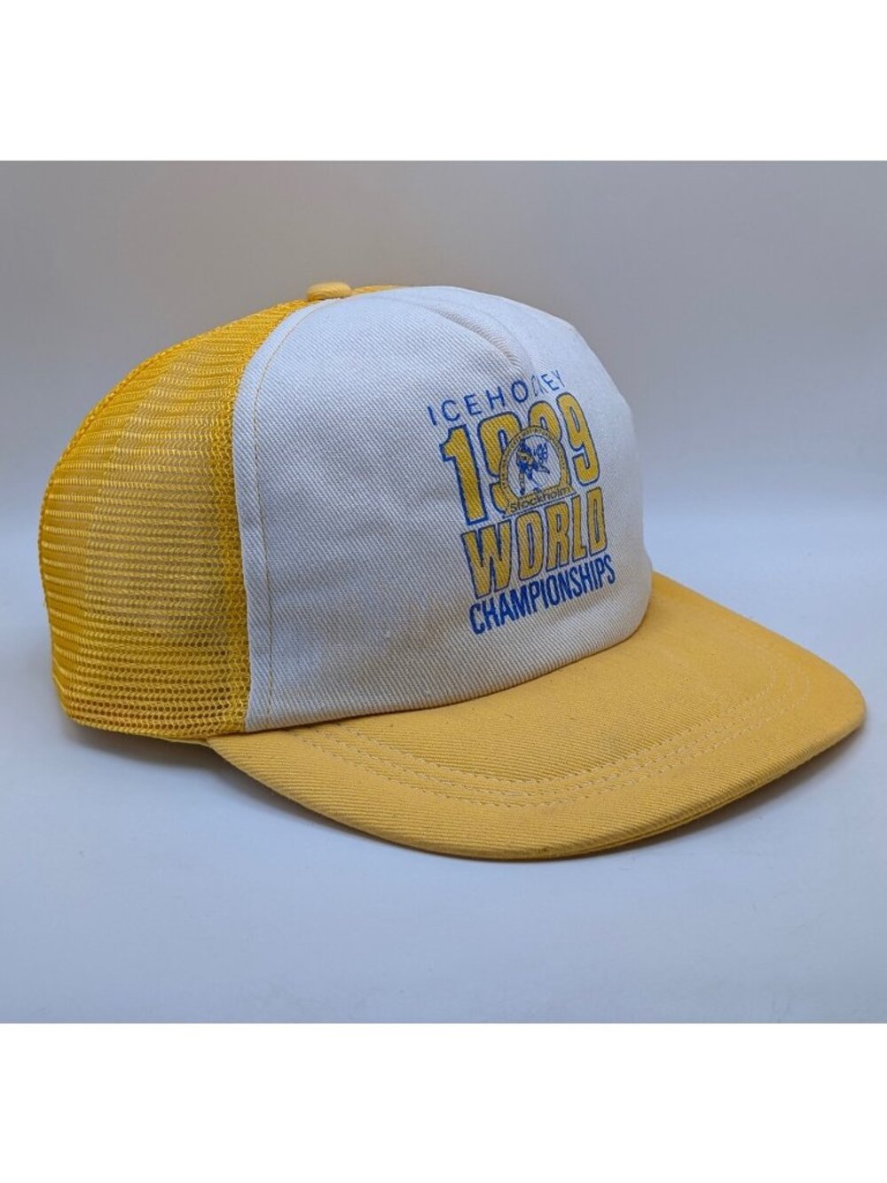 1989 Ice Hockey Championship Stockholm Hat Cap Snapback 80s Vintage Yellow Mesh